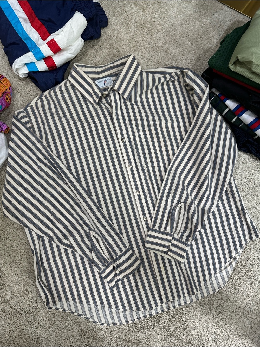 Classic Men’s Long-Sleeve Stripe Button-Up Shirt - Navy/Ivory